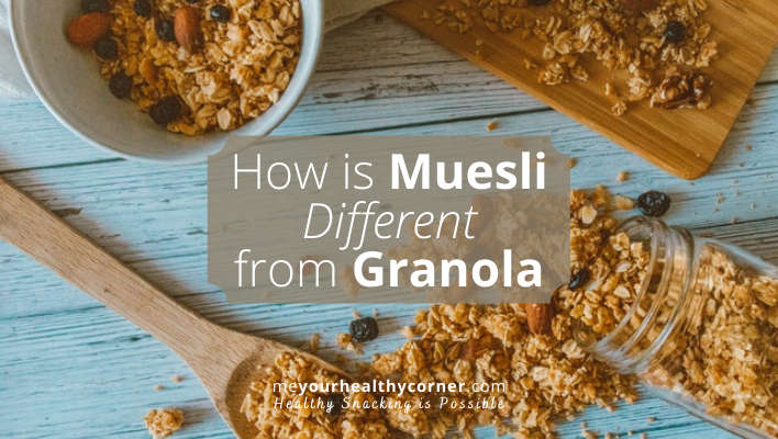 While both granola and muesli are made up of grains, nuts, seeds, and dried fruits, granola is baked along with a sweetener and oil to bind the ingredients together, and muesli is unbaked.