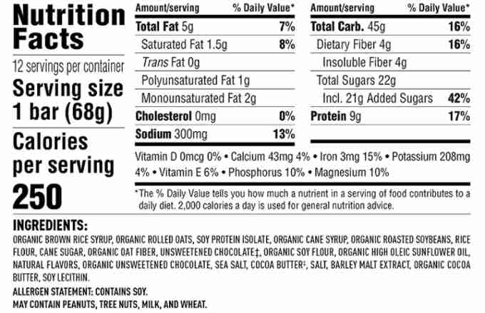 Nutrition facts on food label