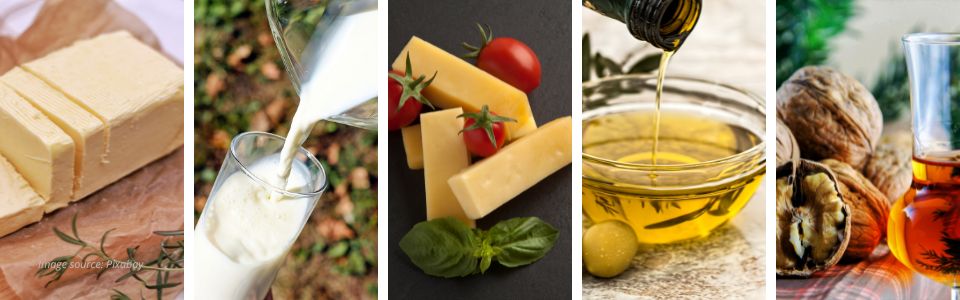 Saturated fats are mainly found in butter, lard, full-fat milk and yoghurt, full-fat cheese, and high-fat meat and unsaturated fats in vegetable oils, fish and nuts.