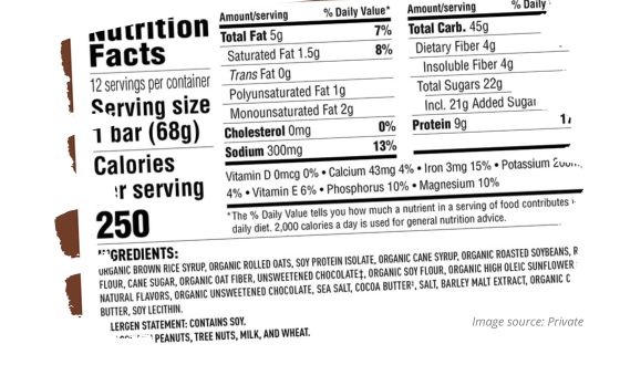 Nutrition facts and ingredients list on food packaging.